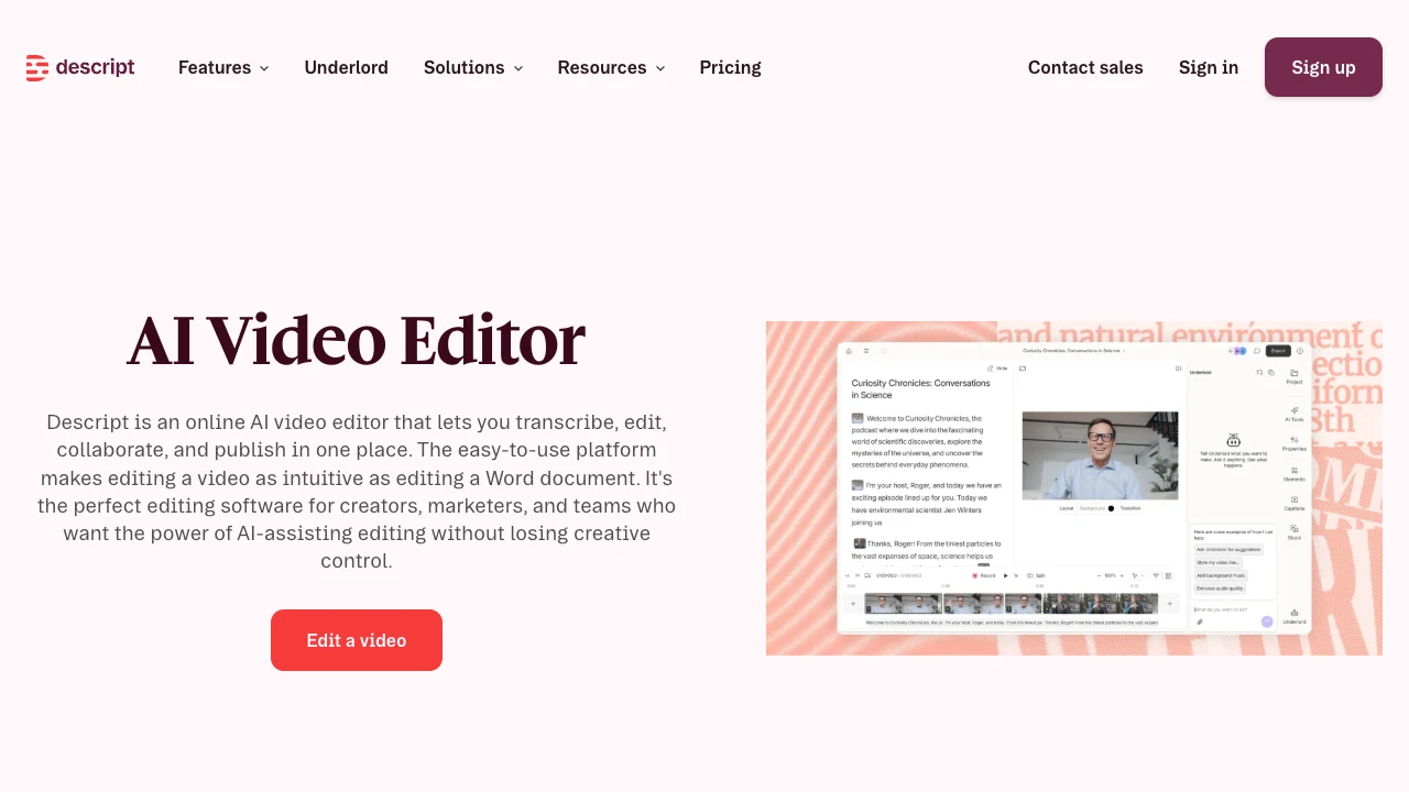 Страница Descript AI Video Editor с описанием текстового монтажа видео
