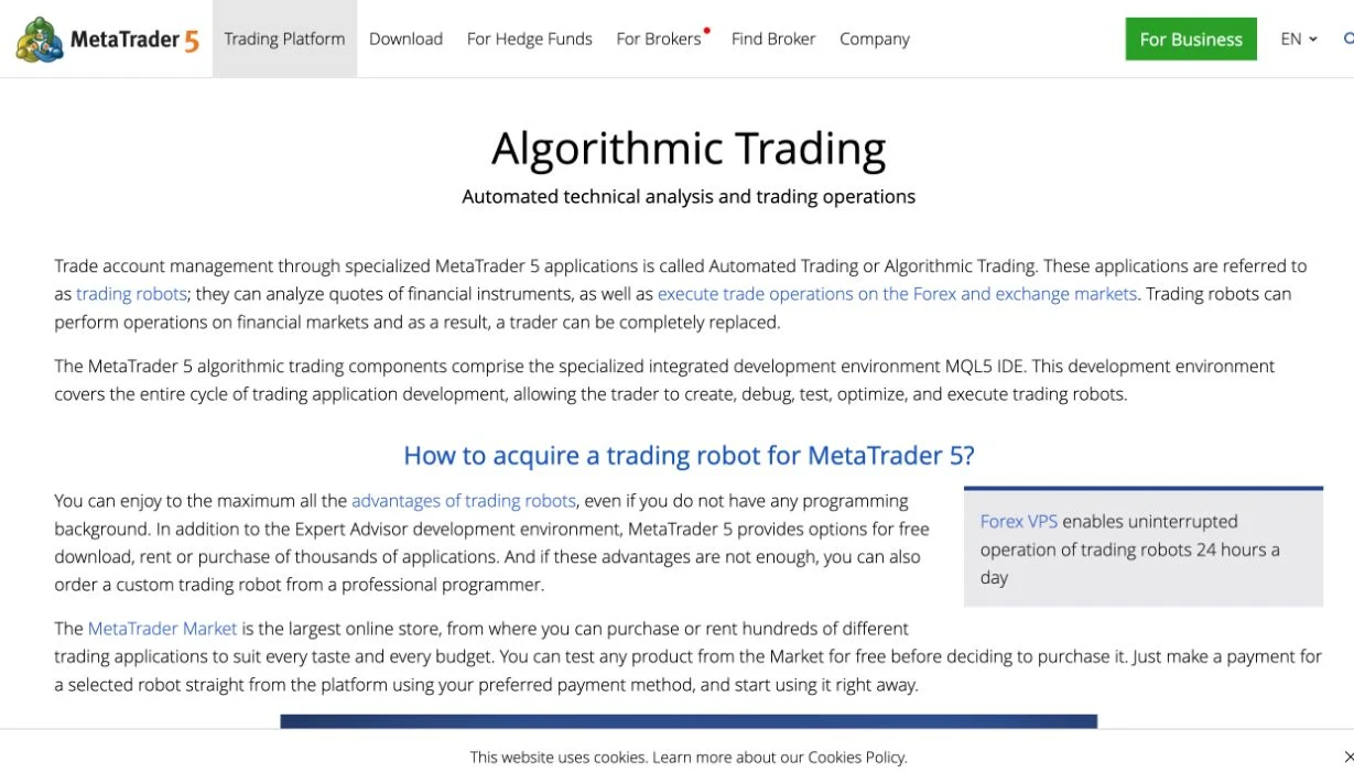 Официальная страница MetaTrader 5 об алгоритмической торговле и торговых роботах